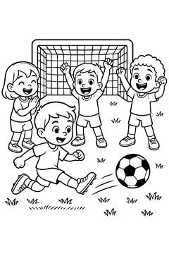 Coloring page featuring children playing soccer with goalpost and ball in black Stock Illustration