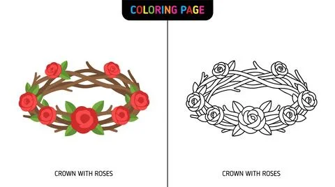 Coloring page featuring a crown of branches with red roses and green leaves. Stock Illustration