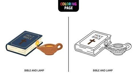 Coloring page featuring a Holy Bible and a burning oil lamp. Includes a full- Ilustración de archivo