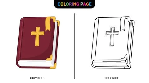 Coloring page featuring a Holy Bible with a cross symbol. Includes both a col Ilustración de archivo