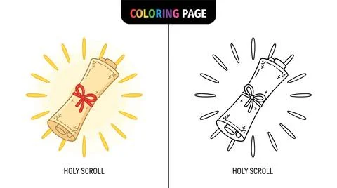 A coloring page featuring a holy scroll tied with a red ribbon, surrounded by Ilustração Stock