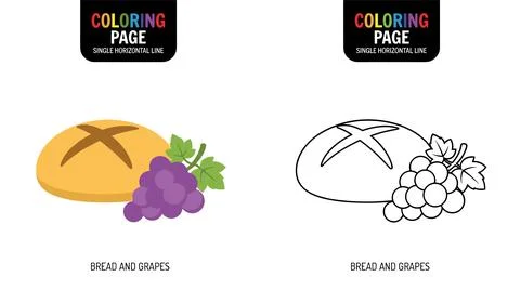 Coloring page featuring a loaf of bread and grapes with a cross score, presen 스톡 일러스트
