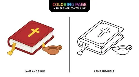 Coloring page featuring a red Bible with a yellow cross and a small oil lamp. Ilustración de archivo