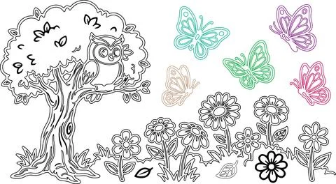 Coloring page featuring wise owl sitting on a tree branch among floral patt.. Stock Illustration
