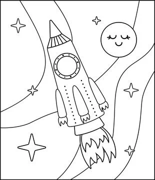 Coloring page. Flying rocket with fire in turbine. Black and white rocket in Stock Illustration