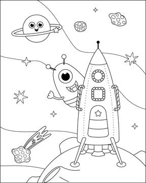 Coloring page. Funny alien on rocket. Black and white space. Vector Illustrazione stock