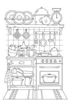 Coloring Page. Home Kitchen Stock Illustration