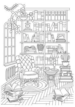 Coloring Page. Home Library. Stock Illustration