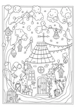 Coloring Page: House In A Night Forest Stock Illustration
