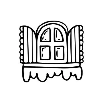 Coloring page house window. Rustic winter building in the snow. Window with s Ilustración de archivo