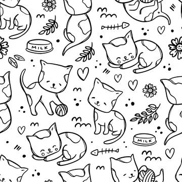 COLORING PAGE KITTY PATTERN Seamless Sketch Vector Illustration Stock Illustration