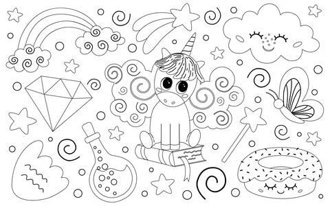 Coloring page is a magical set of elements with a unicorn, a cute cloud, ma.. Stock Illustration