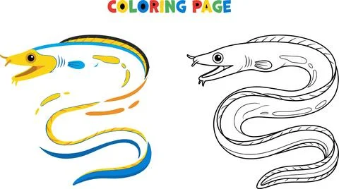 Coloring Page of a Moray Eel with a Colored Example. Stock Illustration