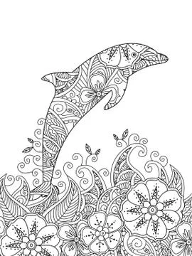 Coloring page with one jumping dolphin in the sea Stock Illustration