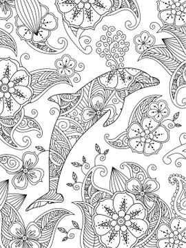 Coloring page with one jumping dolphin on floral background Stock Illustration