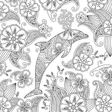 Coloring page with one jumping dolphin on floral background Stock Illustration