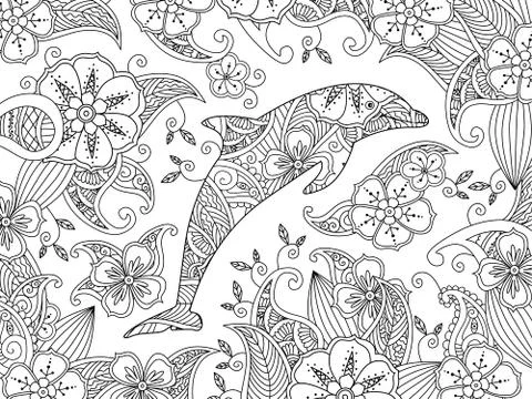 Coloring page with one jumping dolphin on floral background Illustrazione stock