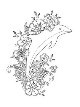 Coloring page with one jumping dolphin on floral waves Illustrazione stock