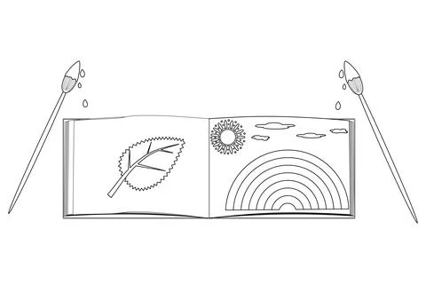 Coloring page with outline drawing of open coloring book with autumn leaf, su Stock Illustration