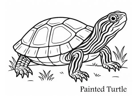 Coloring Page Painted Turtle – Printable Reptile Art Stock Illustration