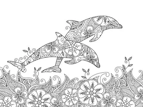 Coloring page with pair of jumping dolphins in the sea Stock Illustration