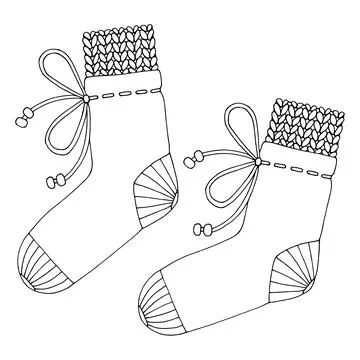 Coloring page a pair of warm socks with a knitted top and a bow tie. Piece of Stock Illustration