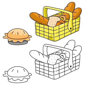 Coloring page with a picnic basket of bread donit and bagel and fruit pie drawin Illustration