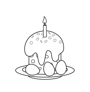 Coloring page plate with Easter cake, eggs, candle. Black and white Easter food Illustrazione stock