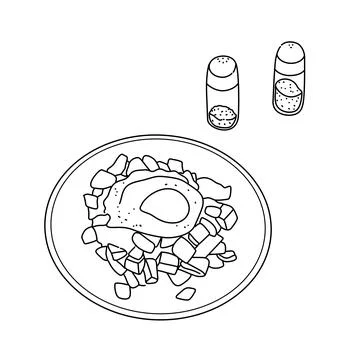 A coloring page with a plate of egg for breakfast and a bottle of salt and pappe Stock Illustration