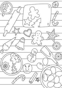 Coloring Page Of Preparing Christmas Gingerbread On A Table, Viewed From Above Ilustração Stock