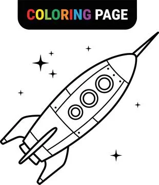 Coloring Page of a Retro Rocket Ship Flying Through Space. Stock Illustration