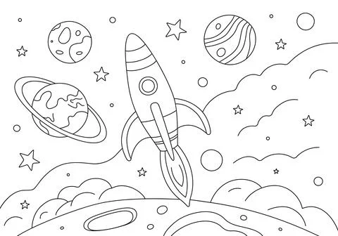 Coloring page with rocket and planets in space. Stock Illustration