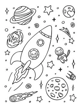 Coloring page with rocket, cat astrinaut in space Stock Illustration