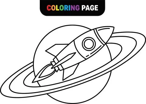 Coloring Page of a Rocket Ship Flying Around a Ringed Planet. Stock Illustration