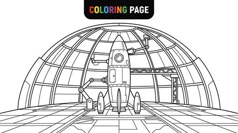 Coloring Page of a Rocket Ship Inside a Futuristic Dome. Stock Illustration