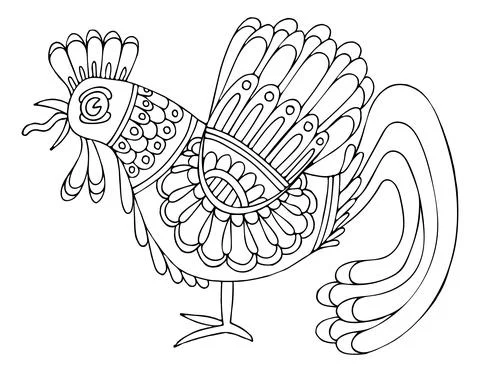 Coloring page of a rustic rooster crowing at dawn. Chicken bird. Farm animal. Stock Illustration