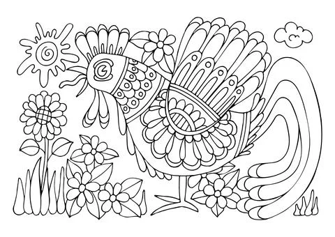 Coloring page of a rustic rooster crowing at dawn. Chicken bird. Farm animal. Stock Illustration