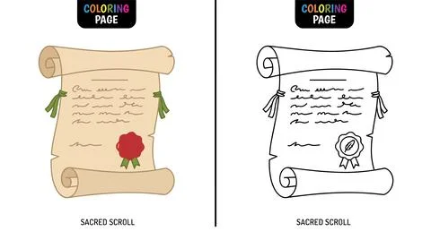 Coloring page of a sacred scroll with text and a wax seal, ready for creative Stock Illustration