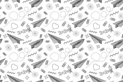 Coloring page of seamless pattern with grid paper planes, equations, hearts.. Illustrazione stock