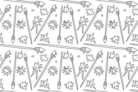 Coloring page of seamless pattern with paintbrushes and paint splashes diff.. Stock Illustration