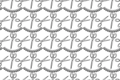 Coloring page of seamless pattern with scissors and paper chain garland. For  Stockillustratie