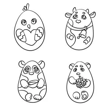 Coloring page set of 4 cute animals in a shape of Easter egg. There are a cow Stock Illustration