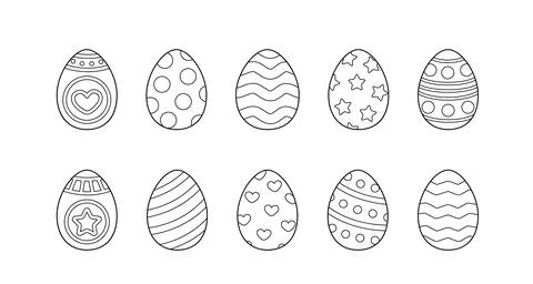 Coloring page with set of Easter eggs. Black and white Easter eggs. Vector Stock Illustration