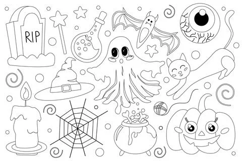 Coloring page is a set of Halloween elements and magical items, sinister an.. Illustrazione stock