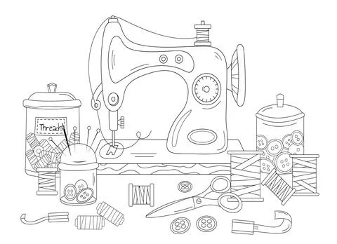 Coloring Page Sewing Machine Stock Illustration