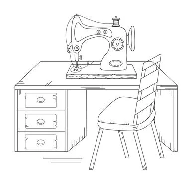 Coloring Page Of Sewing Machine On Table Stock Illustration