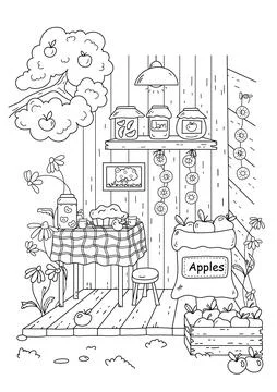 Coloring Page Shows Corner In Apple Orchard With Apple Jam, Pie, And Compote Stock Illustration