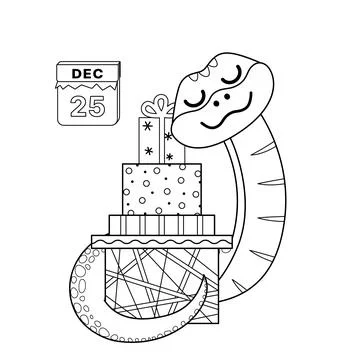 Coloring page. Snake and stack of gift boxes. Black and white snake. Vector. Illustrazione stock