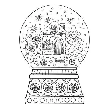 Coloring page snow globe, thin line art. A Christmas gift. Winter decor. Hand Stock Illustration