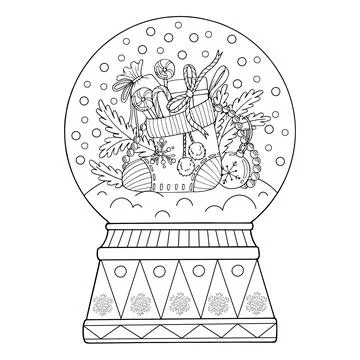 Coloring page snow globe, thin line art. A Christmas gift. Winter decor. Hand Stock Illustration